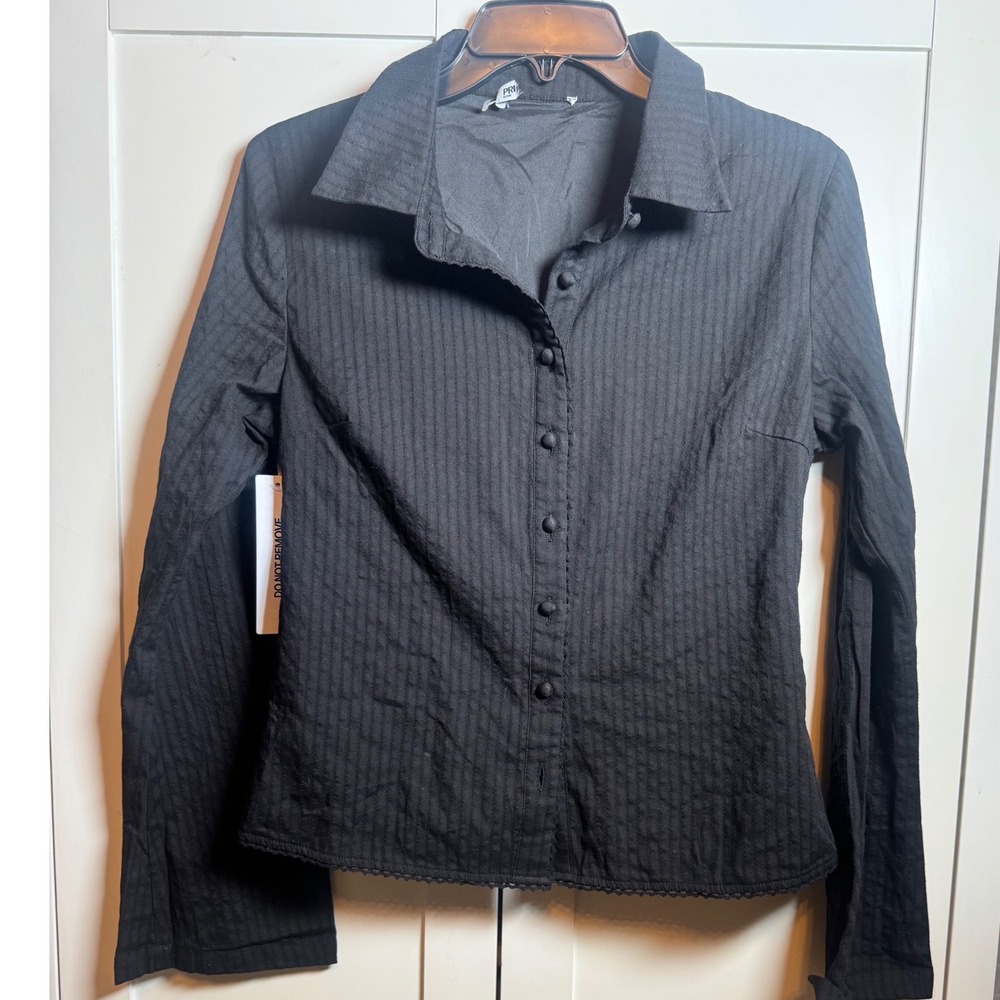 Princess Polly Black Pinstripe Lace Trim Button Down Shirt US 8 Textured Cotton - Picture 2 of 7
